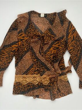 Vintage Animal Print Wrap Top | Leopard Tiger Mixed Print Blouse